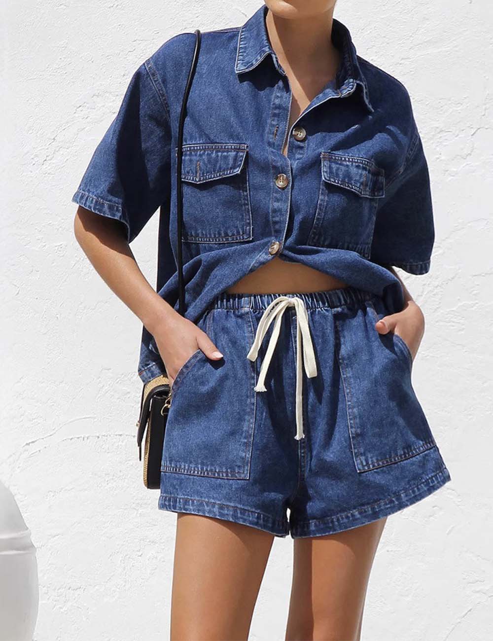 Ladies Turndown Collar Short Sleeves Top & Shorts Denim Set