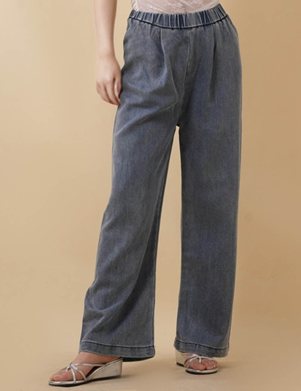 Ladies No Pocket Elastic Waist Wide Leg Denim Pants