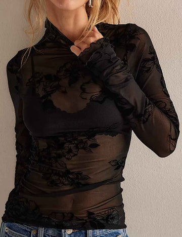 Ladies See Sheer Floral Embroidery Mock Neck Layering Top