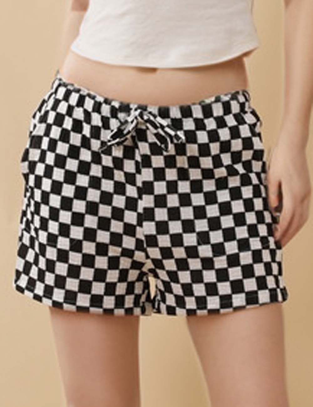 Ladies Color Block Checked Drawstring Loungewear Shorts