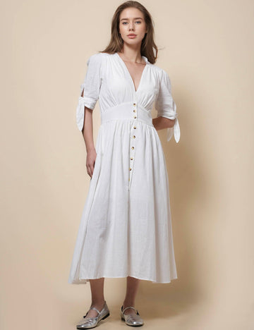 Women White Short Sleeves Bowknot Midi Dress SKD152