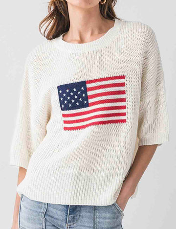 Ladies 4th of July American Flag Short Sleeves Knit Sweater
