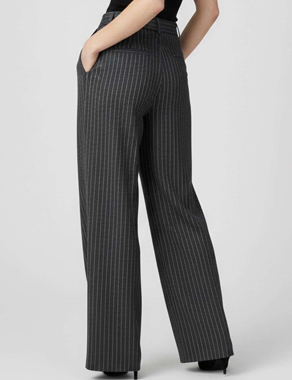 Ladies Striped Color Block Pockets Wide Leg Pants