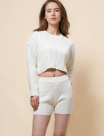 Ladies Solid Color Sweater Shorts 2PCS Set SKST41162