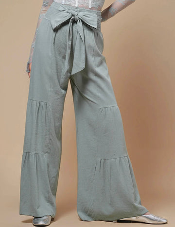 Ladies High Waist Fold Wide Leg String Tie Pants SKP50467