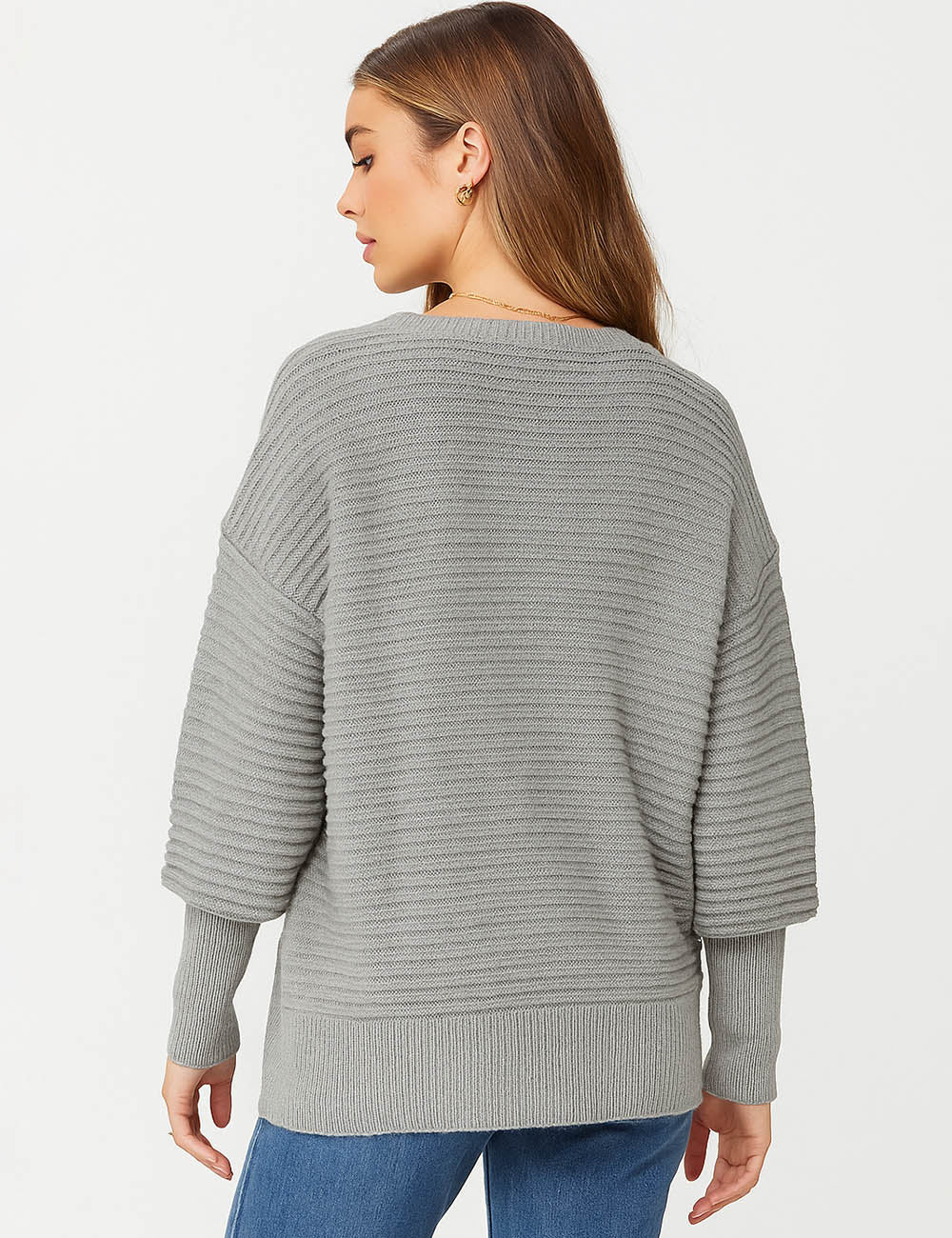 Ladies Ribbed Knit Round Neck Long Sleeves Sweater