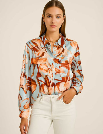 Ladies Multicolor Print Button Down Long Sleeves Shirt