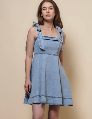 Ladies Shoulder Strape Tie Denim Mini Dress SKD50011