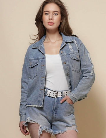 Ladies Turndown Neck Back Star Denim Jacket SKT50022