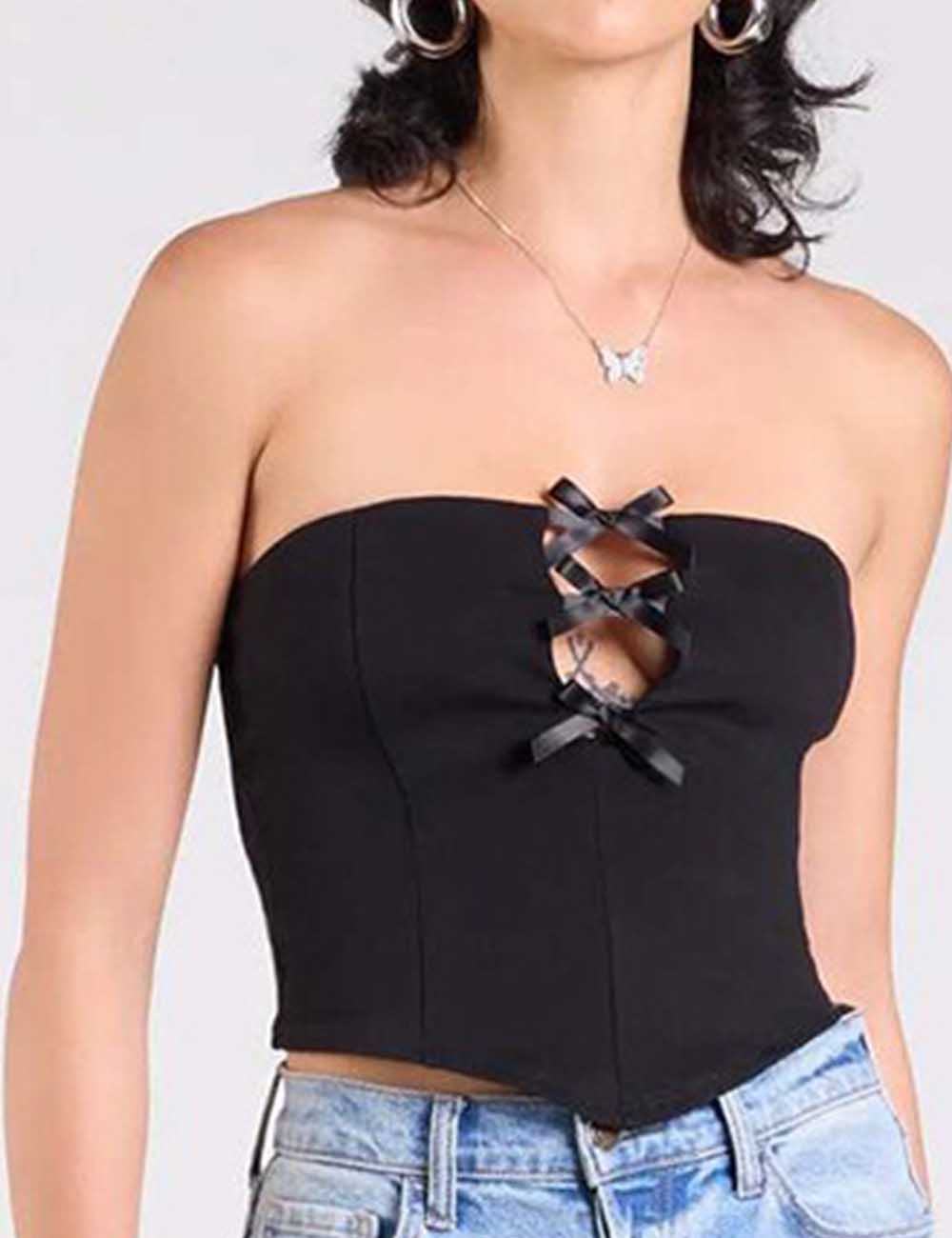 Ladies Solid Color Bowknots Cut Out Sleeveless Tube Top