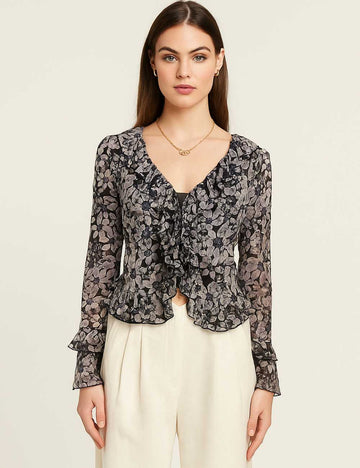 SKTKX32 Women Floral Print V-Neck Long Sleeve Cardigan