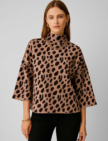 Ladies Leopard Print Mock Neck Wide Sleeves Knit Sweater