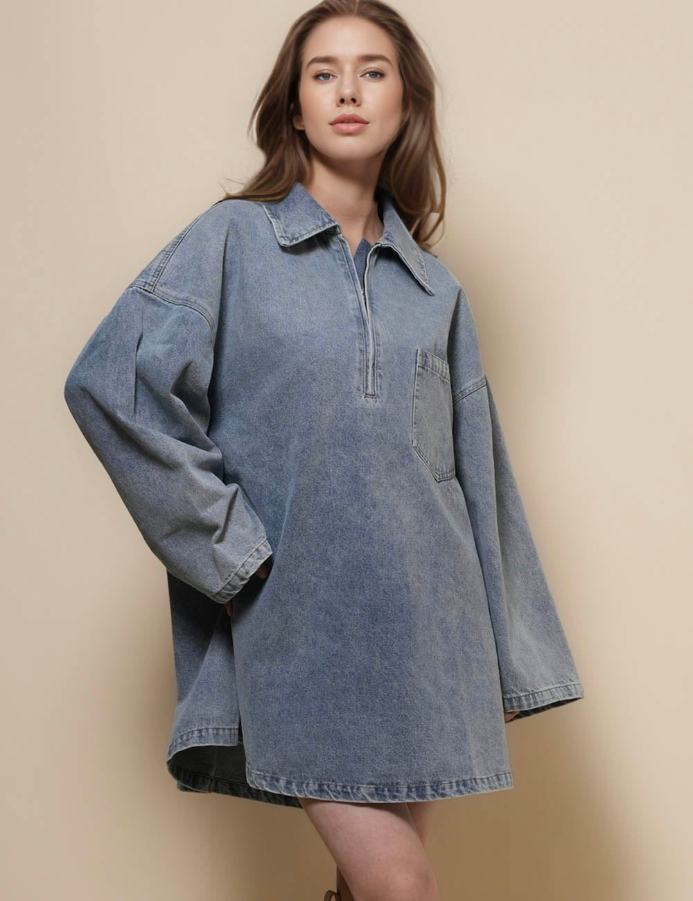 Ladies Turndown Neck Zip Denim Mini Dress SKD50084