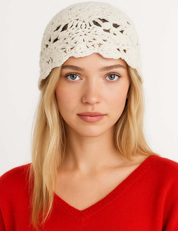 Ladies Boho Crochet Knit Floral Hollow Out Skull Cap Hat