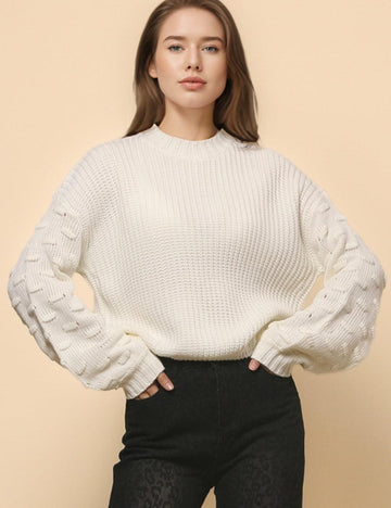 Ladies Solid Color Lantern Sleeves Pullover Sweater SKT4776