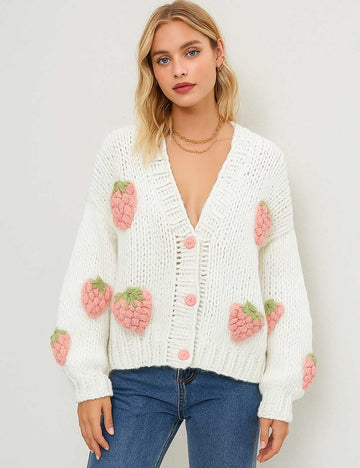 Ladies V-Neck Strawberry Pattern Long Sleeves Chunky Cardigan