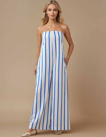 Ladies Color Block Striped Strapless Sleeveless Wide Leg Jumpsuit