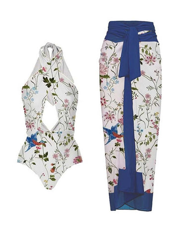 Ladies Floral Print Hollow Out One Piece Swimwear with Salong