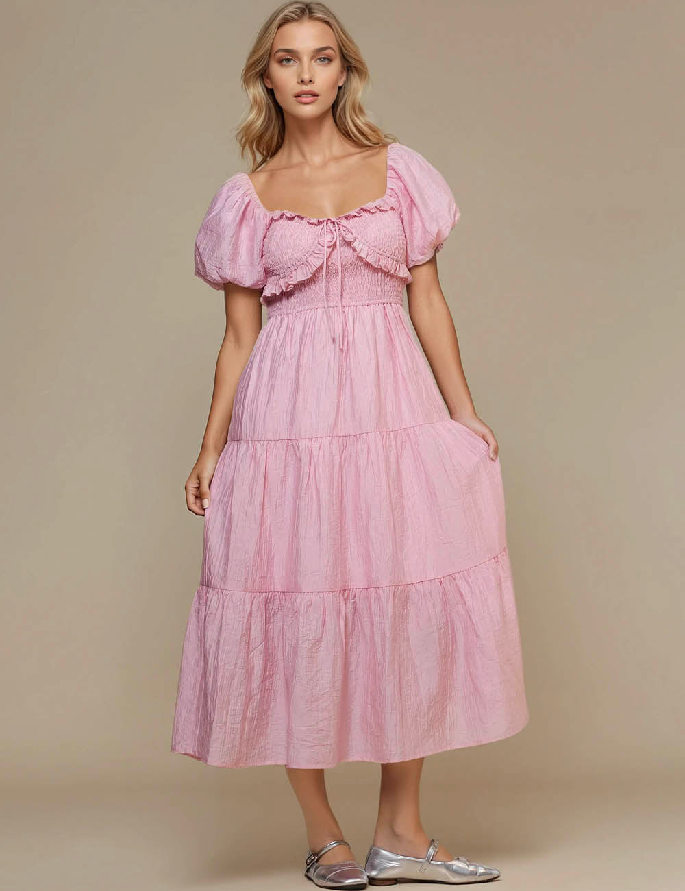 Ladies Square Neck Bubble Sleeves Midi Dress SKD50304