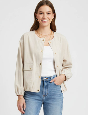 Ladies Round Neck Button Long Sleeves Flap Pocket Jacket