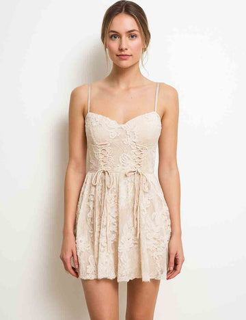 Ladies Floral Embroidery Sweetheart Spaghetti Strap Drawstring Mini Dress