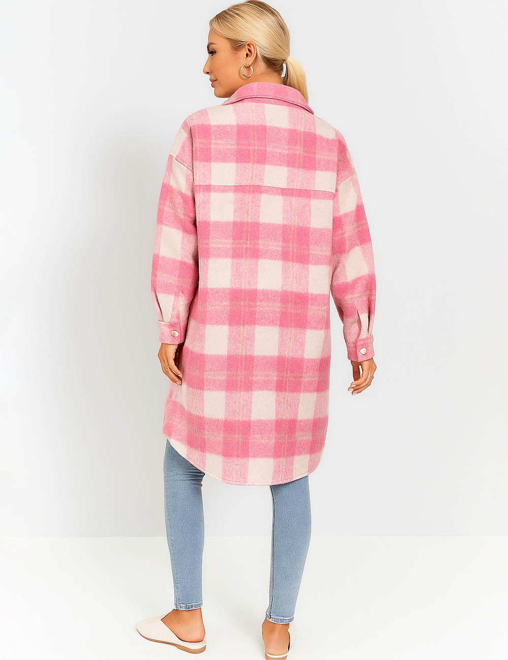 Ladies Checked Shirt Button Down Flap Pocket Mohair Coat