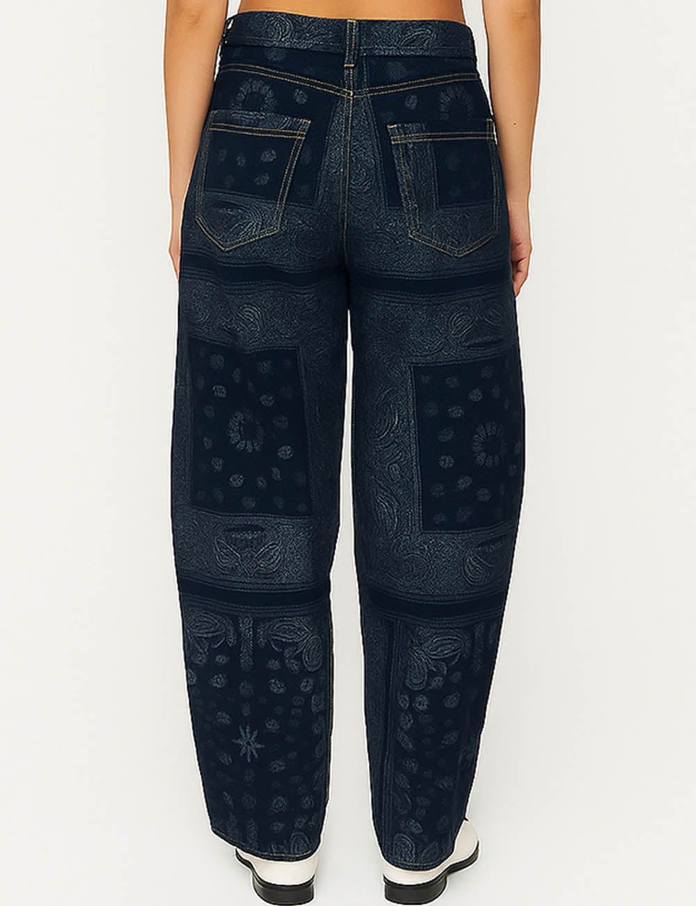 Ladies Vintage Jacquard Zip Fly Barrel Denim Pants