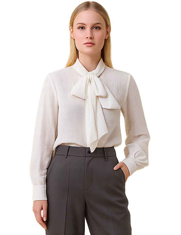Ladies Tie Neckline Rhinestone Long Sleeves Blouse