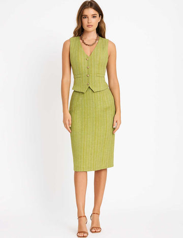 Ladies Solid Color Tweed V-Neck Button Vest & Skirt Set