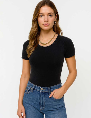 Ladies Solid Color Round Neck Short Sleeves Bodysuit