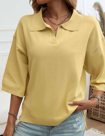 Ladies Solid Color Polo Collar Short Sleeves Knit Top