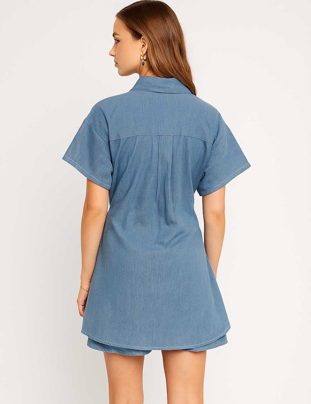 Ladies Turn Down Collar Denim Shirt & Skort 2PCS Set