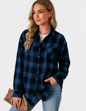 Ladies Checked Pattern Button Down Long Sleeves Pocket Shirt
