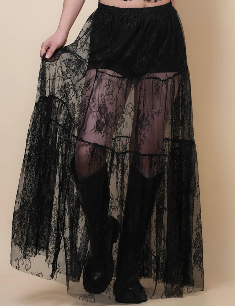 Ladies Lace Elastic Waist See Through Maxi Skirt SKS41321