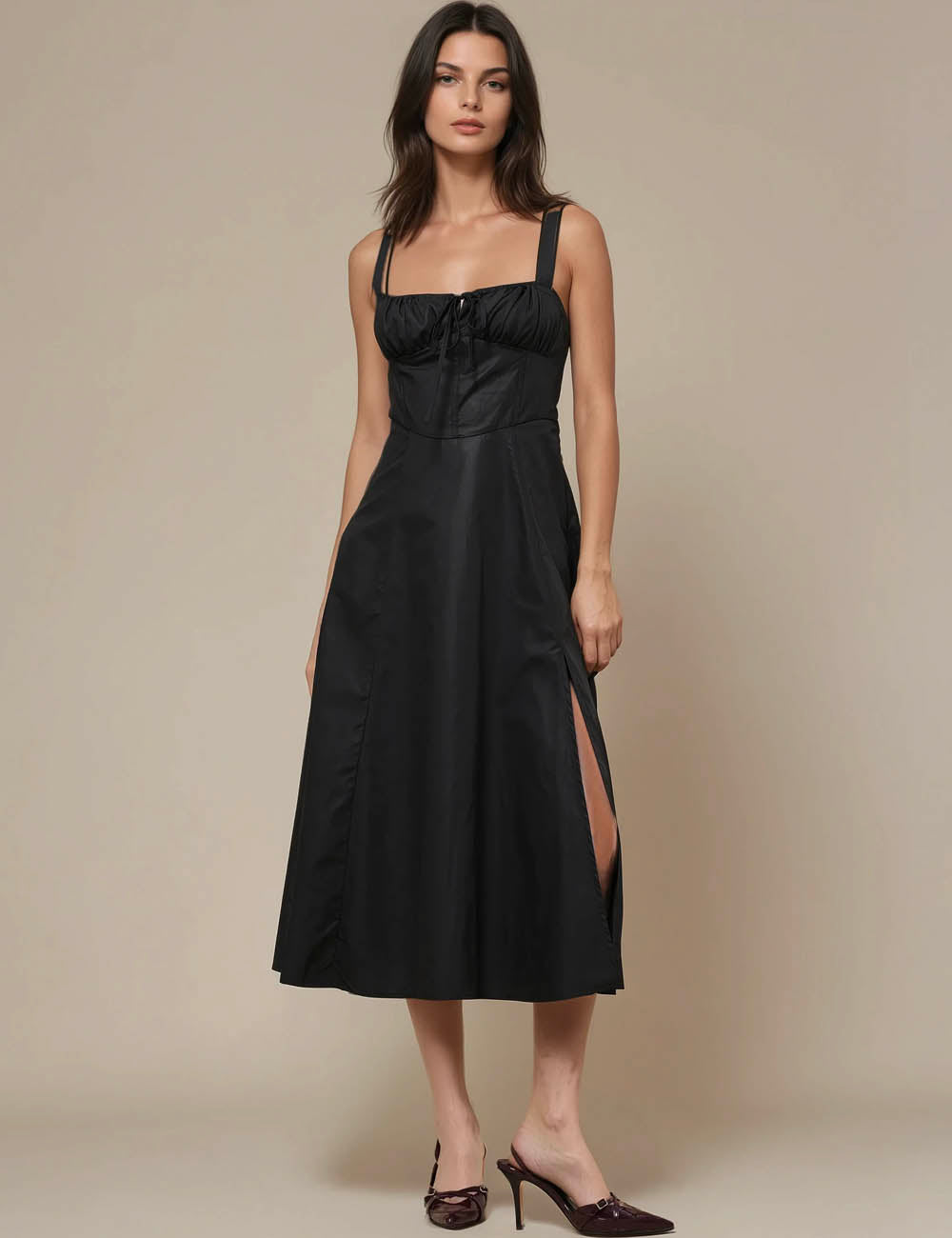 Ladies Solid Color Strap Shoulder Midi Dress SKD50243