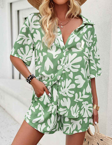 Ladies Floral Print Button Down Shirt & Shorts Set