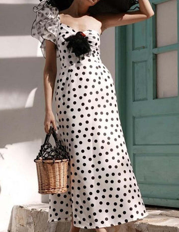 Ladies Polka Dot Hollow Out One Piece Swimwear with Salong