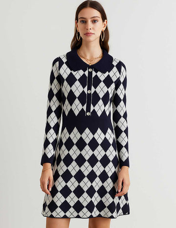 Ladies Color Block Argyle Pattern Knit Midi Dress