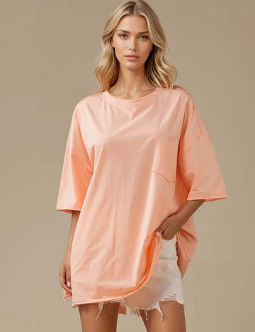 Ladies Solid Color Round Neck Short Sleeves Pocket T-Shirt