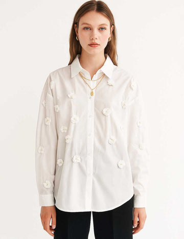 Ladies White 3D Flower Embroidery Button Down Shirt