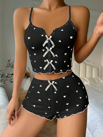 Ladies Heart Print Cami Top & Shorts Loungewear Set