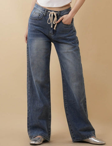 Ladies Drawstring Pocket Wide Leg Denim Pants
