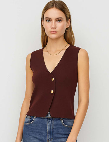 Ladies Solid Color V-Neck Sleeveless Button Knit Vest
