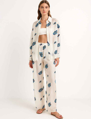 Ladies Floral Embroidery Turndown Collar Top & Pants Set