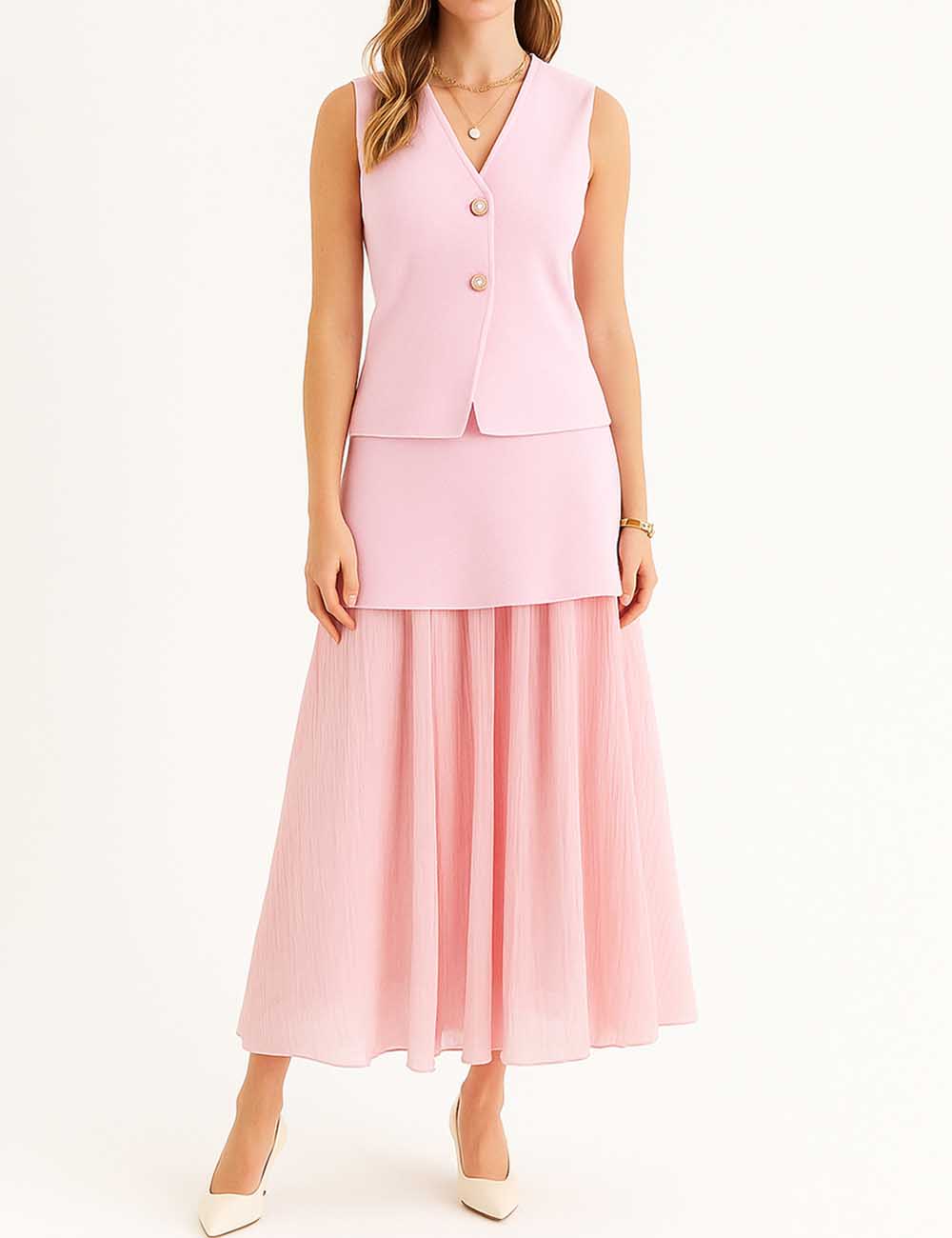 Ladies Solid Color V-Neck Sleeveless Knit Top & Skirt Set