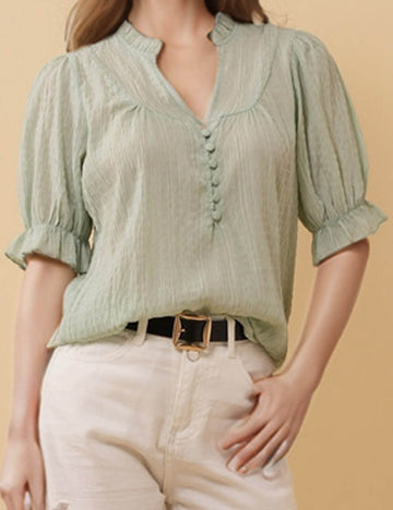 Ladies V-Neck Buttons Short Sleeves Blouse Top 8SKT51024