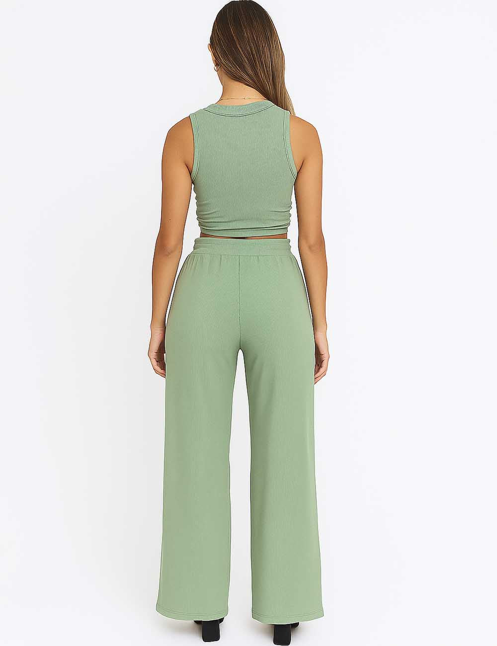 Ladies Ribbed Knit Stretch Ruched Tank Top & Pants Set