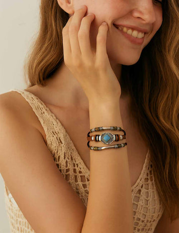 Ladies Boho Metal Bead Turquoise Leather Bracelet
