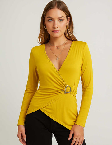 Ladies Ruched Metal Button Wrap V-Neck Long Sleeves Top