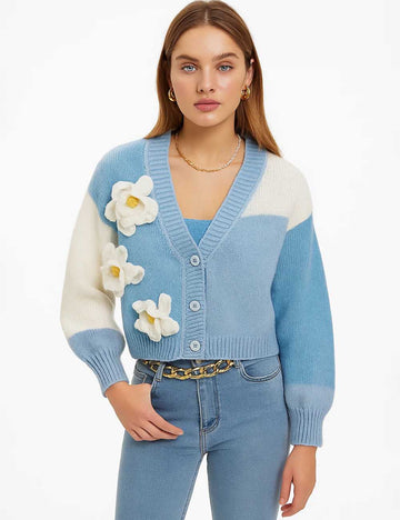 Ladies V-Neck Flower Crochet Button Knit Cardigan